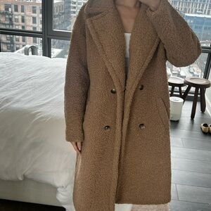 Women's Tan Double-Breasted Teddy Coat - Small